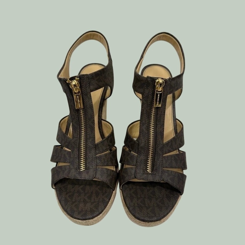 Michael Kors Berkley Women's Brown MK Logo Espadrille Wedge Zip Sandals Size 9.5